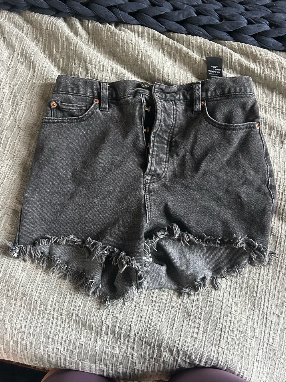 High-Rise Washed Black Frayed Denim Shorts